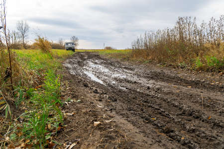 An impassable road, off-road track in autumn forest.の写真素材