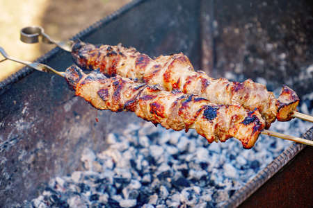 Roasted meat cooked at barbecue and skewers during a picnicの写真素材