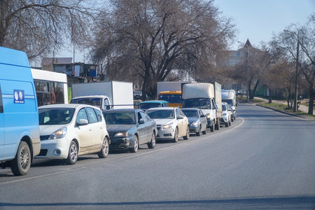 Samara, Russia - April 23, 2019: Cars standing in a traffic jam on a city streetのeditorial素材