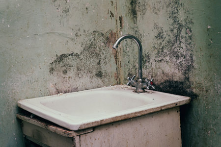 An old sink with a faucet on the background of dirty walls
