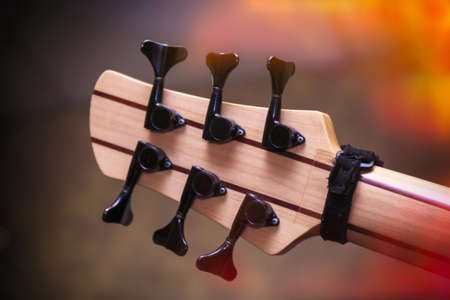 Headstock of six-string bass guitar and Neck Tuners. Rear view
