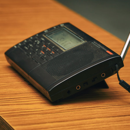 Black analog radio receiver on a wooden tableの写真素材