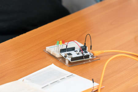 Small electronic Board with chips and wiresの写真素材
