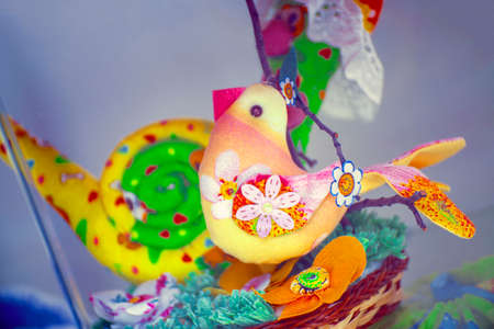Decorative Homemade Sewn Little Bird Toy. Selective focusの写真素材