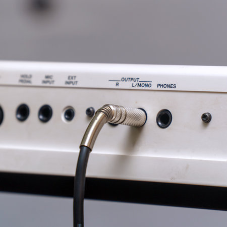 Audio jacks are plugged into a guitar synthesizer or processorの写真素材