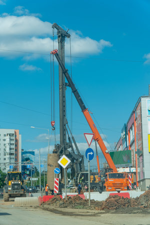 Samara, Russia - July 05, 2021: Truck crane on the construction siteのeditorial素材