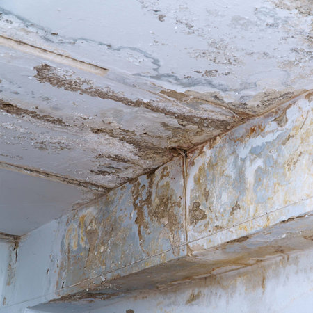 Ceiling in need of repair. On the ceiling, dirt and cracks. Selective focus. Soft focusの写真素材