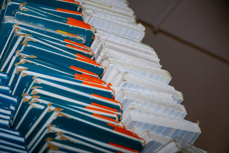 Books in stacks close-up. Bottom viewの写真素材