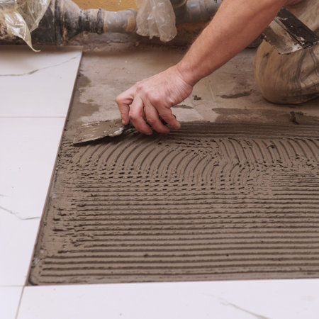 A construction worker applies cement for laying floor ceramic tiles with a spatula. Selective focusの写真素材