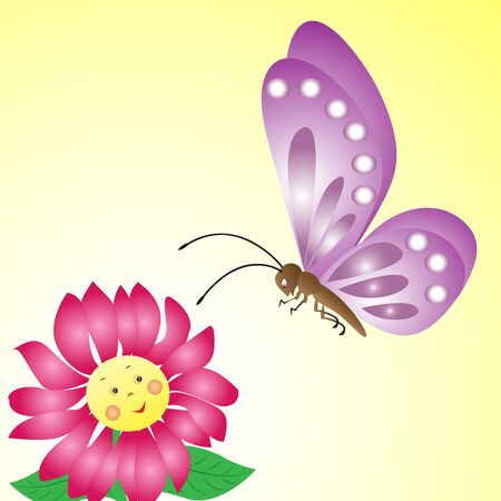 beautiful butterfly with flowers on yellow background,.のイラスト素材