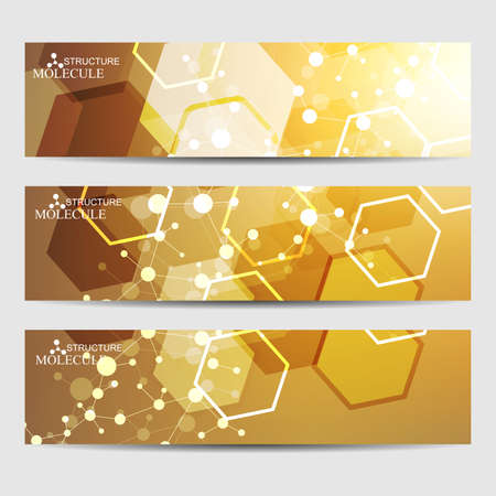 Abstract geometric banners molecule and communication. Science and technology design, structure DNA, chemistry, medical background, business and website.のイラスト素材