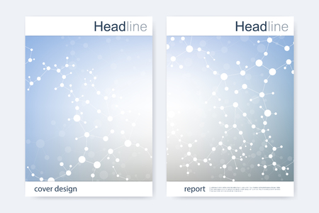 Scientific brochure design template. Vector flyer layout, Molecular structure with connected lines and dots. Scientific pattern atom DNA with elements for magazine, leaflet, cover, poster designのイラスト素材