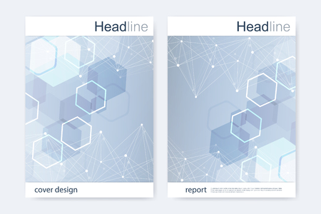 Scientific brochure design template. Vector flyer layout, Molecular structure with connected lines and dots. Scientific pattern atom DNA with elements for magazine, leaflet, cover, poster design.のイラスト素材