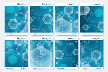 Scientific brochure design template. Vector flyer layout, Molecular structure with connected lines and dots. Scientific pattern atom DNA with elements for magazine, leaflet, cover, poster design.のイラスト素材