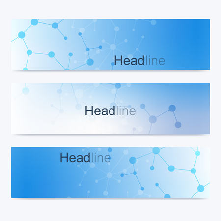 Scientific set of modern vector banners. DNA molecule structure with connected lines and dots. Science vector background. Medical, tecnology, chemistry designのイラスト素材