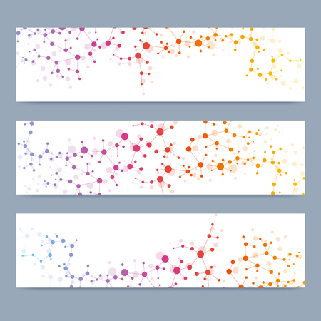 Scientific set of modern vector banners. DNA molecule structure with connected lines and dots. Science vector background. Medical, tecnology, chemistry design.のイラスト素材