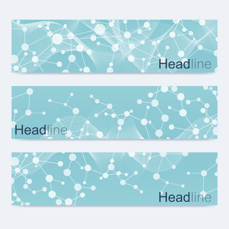 Scientific set of modern vector banners. DNA molecule structure with connected lines and dots. Science vector . Medical, tecnology, chemistry design.のイラスト素材