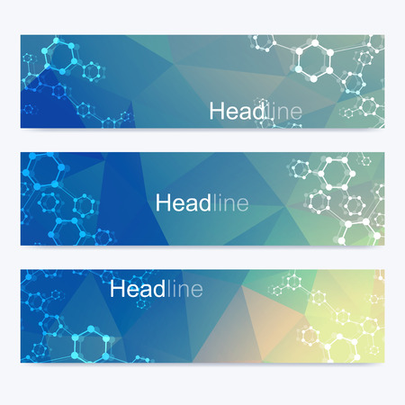 Scientific set of modern vector banners. DNA molecule structure with connected lines and dots. Science vector background. Medical, tecnology, chemistry design.のイラスト素材