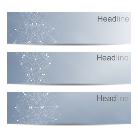 Scientific brochure design template. Vector flyer layout, Molecular structure with connected lines and dots. Scientific pattern atom DNA with elements for magazine, leaflet, cover, poster design.のイラスト素材