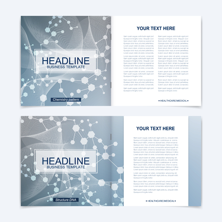 Templates for square brochure. Leaflet cover presentation. Business, science, technology design book layout. Scientific molecule backgroundのイラスト素材