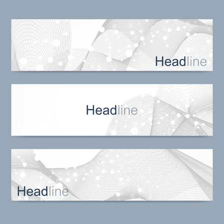 Scientific set of modern vector banners. DNA molecule structure with connected lines and dots. Science vector background. Medical, tecnology, chemistry design.のイラスト素材