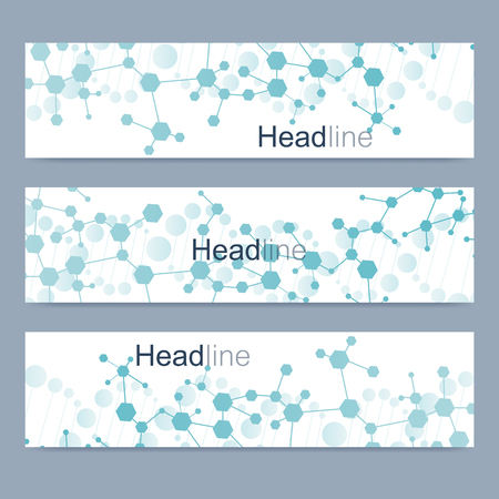 Scientific set of modern vector banners. DNA molecule structure with connected lines and dots. Science vector background. Medical, tecnology, chemistry designのイラスト素材