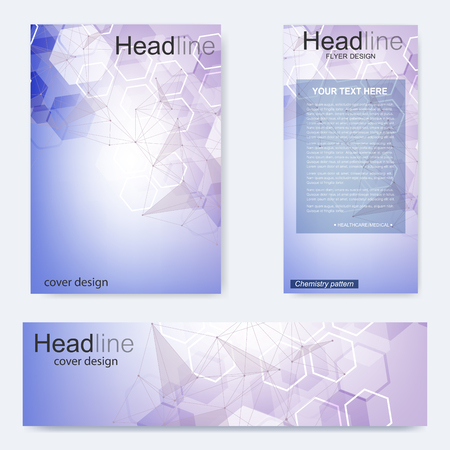 Set flyer, brochure size A4 template,banner. Molecular structure with connected lines and dots. Scientific pattern atom DNA with elements for magazine, leaflet, cover, poster design.のイラスト素材