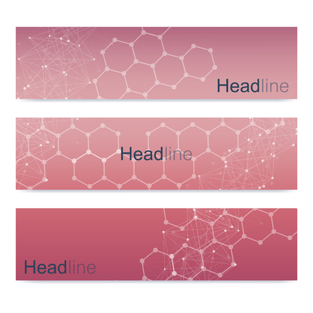 Scientific set of modern vector banners. DNA molecule structure with connected lines and dots. Science vector background. Medical, tecnology, chemistry designのイラスト素材