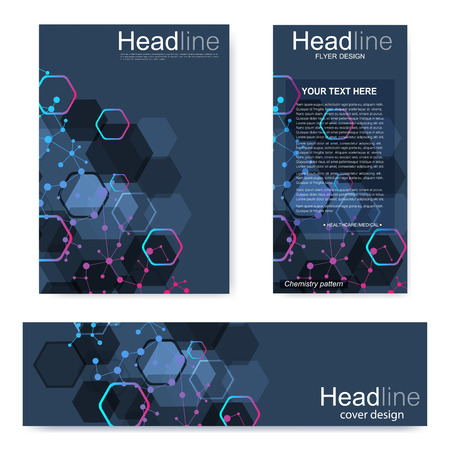 Set flyer, brochure size A4 template,banner. Molecular structure with connected lines and dots. Scientific pattern atom DNA with elements for magazine, leaflet, cover, poster designのイラスト素材