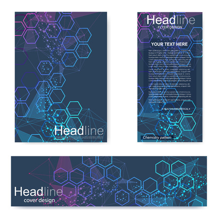Set of vertical and horizontal cover design templates with Headline lettering and hexagon shape designのイラスト素材