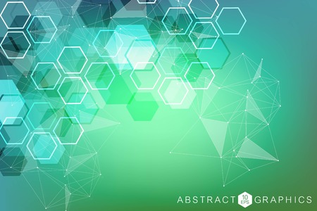 Modern futuristic background of the scientific hexagonal pattern. Virtual abstract background with particle, molecule structure for medical, technology, chemistry, science. Social network vector.のイラスト素材