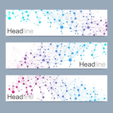 Scientific set of modern vector banners. DNA molecule structure with connected lines and dots. Science vector background. Medical, tecnology, chemistry designのイラスト素材