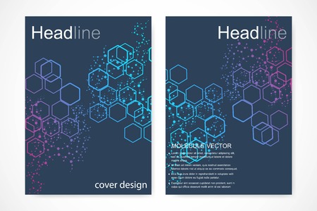 Scientific brochure design template. Vector flyer layout, Molecular structure with connected lines and dots. Scientific pattern atom DNA with elements for magazine, leaflet, cover, poster designのイラスト素材
