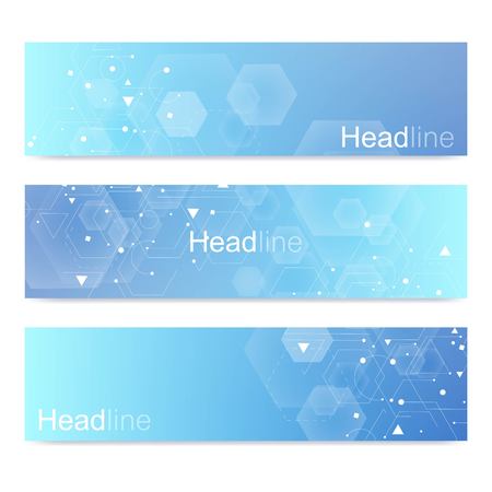 Scientific set of modern vector banners.Futuristic digital science technology concept for web banner template or brochure. Science vector background. Medical, tecnology, chemistry designのイラスト素材