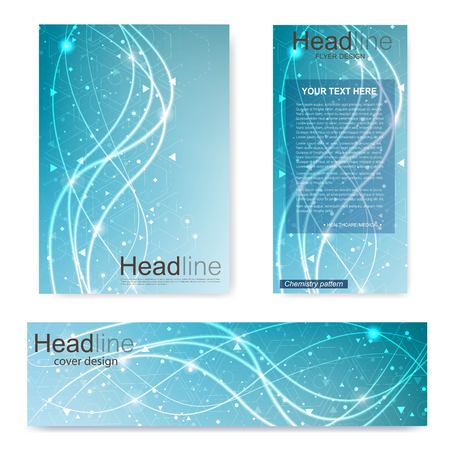 Set flyer, brochure size A4 template,banner. Molecular structure with connected lines and dots. Scientific pattern atom DNA with elements for magazine, leaflet, cover, poster designのイラスト素材