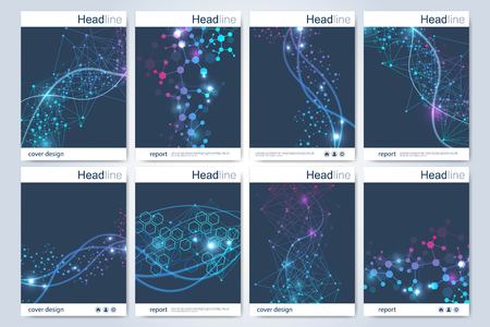 Scientific brochure design template. Vector flyer layout, Molecular structure with connected lines and dots. Scientific pattern atom DNA with elements for magazine, leaflet, cover, poster designのイラスト素材