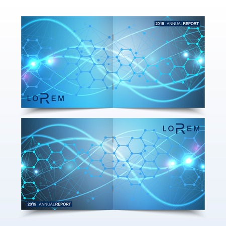 Scientific templates square brochure, magazine, leaflet , flyer, cover, booklet, annual report. Scientific concept for medical, technology, chemistry Structure molecule and communication Dna atomのイラスト素材