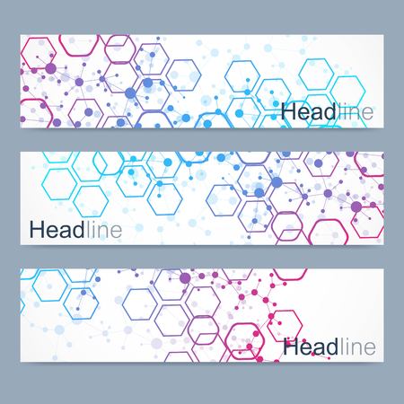 Scientific set of modern vector banners. DNA molecule structure with connected lines and dots. Scientific and technology concept. Wave flow graphic background for your design. Vector illustrationのイラスト素材