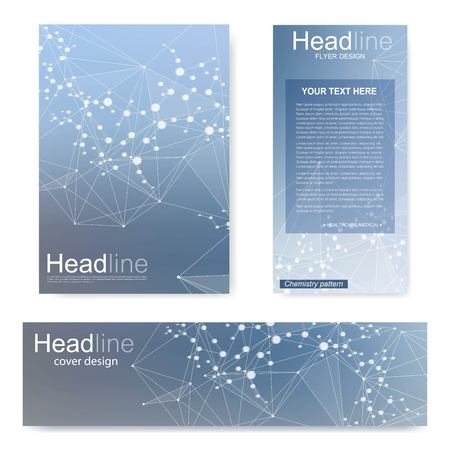 Set flyer, brochure size A4 template,banner. Molecular structure with connected lines and dots. Scientific pattern atom DNA with elements for magazine, leaflet, cover, poster designのイラスト素材