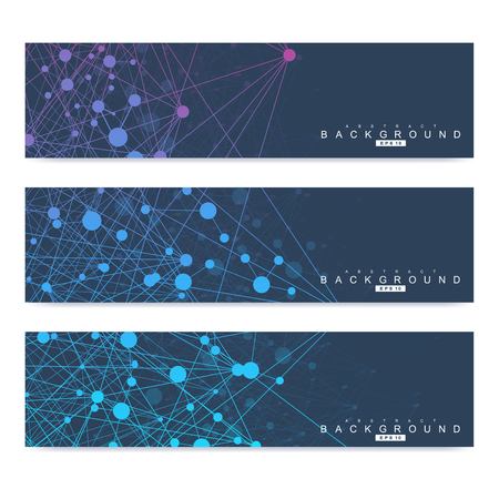 Scientific set of modern vector banners. DNA molecule structure with connected lines and dots. Scientific and technology concept. Wave flow graphic background for your design. Vector illustrationのイラスト素材