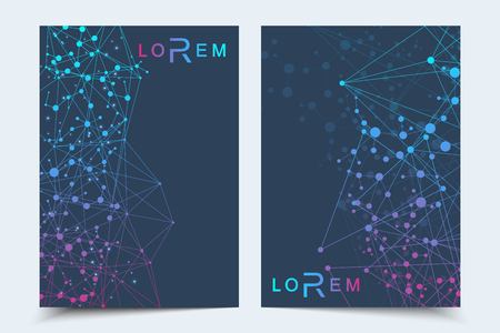 Scientific brochure design template. Vector flyer layout, Molecular structure with connected lines and dots. Scientific pattern atom DNA with elements for magazine, leaflet, cover, poster designのイラスト素材