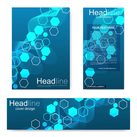Set flyer, brochure size A4 template,banner. Molecular structure with connected lines and dots. Scientific pattern atom DNA with elements for magazine, leaflet, cover, poster designのイラスト素材