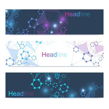 Scientific set of modern vector banners. DNA molecule structure with connected lines and dots. Scientific and technology concept. Wave flow graphic background for your design. Vector illustration.のイラスト素材