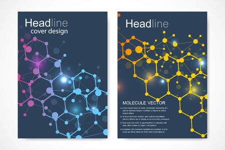 Vector templates for brochure magazine leaflet flyer cover booklet annual report. Modern futuristic hexagonal pattern with particle, molecule structure for medical, technology, chemistry, science.のイラスト素材