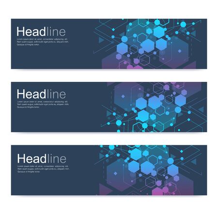 Scientific set of modern vector banners. DNA molecule structure with connected lines and dots. Scientific and technology concept. Wave flow graphic background for your design. Vector illustration.のイラスト素材