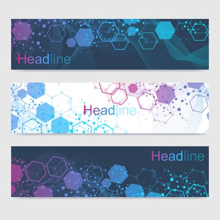Scientific set of modern vector banners. DNA molecule structure with connected lines and dots. Scientific and technology concept. Wave flow graphic background for your design. Vector illustrationのイラスト素材