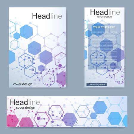 Set flyer, brochure size A4 template,banner. Molecular structure with connected lines and dots. Scientific pattern atom DNA with elements for magazine, leaflet, cover, poster design.のイラスト素材