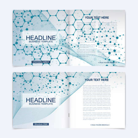 Scientific templates square brochure, magazine, leaflet , flyer, cover, booklet, annual report. Scientific concept for medical, technology, chemistry. Structure molecule and communication. Dna, atom.のイラスト素材