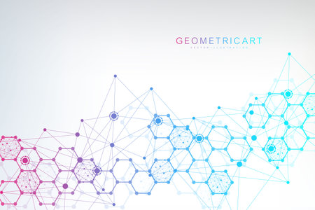 Modern futuristic background of the scientific hexagonal pattern. Virtual abstract background with particle, molecule structure for medical, technology, chemistry, science. Social network vectorのイラスト素材