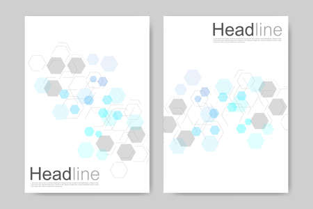 Minimal brochure templates, magazine, leaflet, flyer, cover, booklet, annual report, banner. Scientific concept for medical, technology, chemistry. Hexagonal molecule structure. Dna, atom, neurons.のイラスト素材